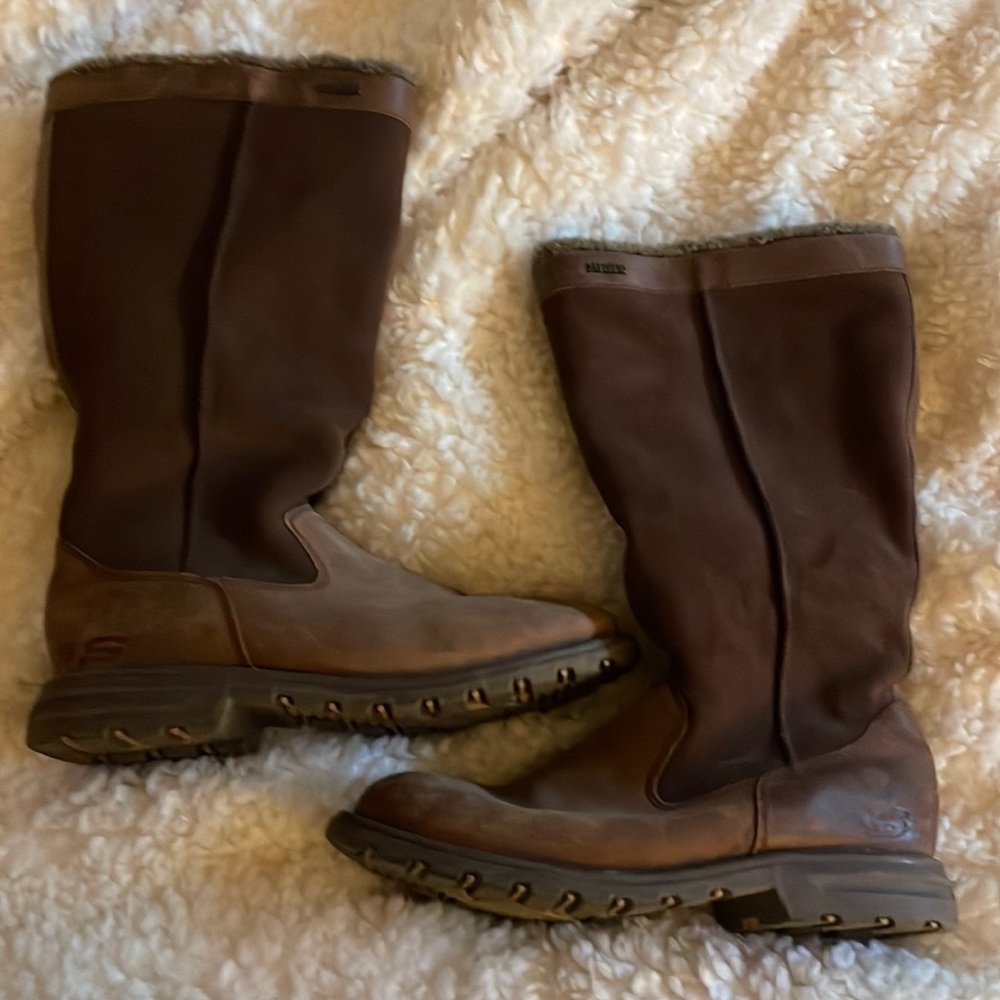 SKECHERS 46421 Tall Brown Leather Faux Fur Boots Womens